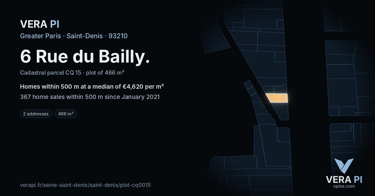 6 Rue du Bailly, Saint-Denis at night – the plot lit, the parcels around coloured by the prices near them