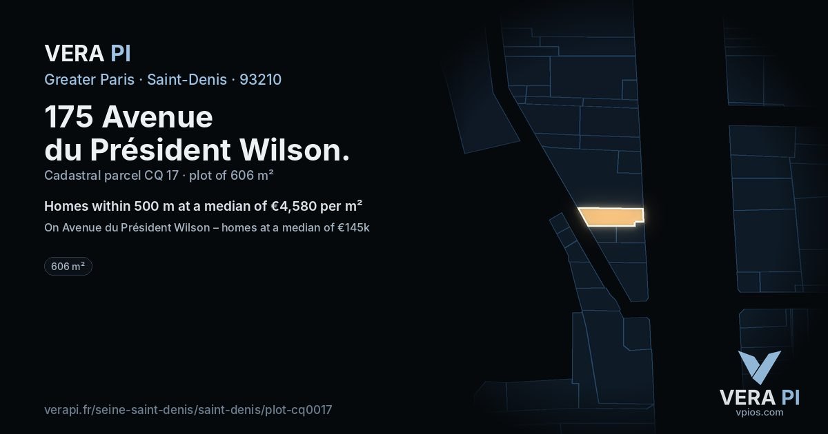 175 Avenue du Président Wilson, Saint-Denis at night – the plot lit, the parcels around coloured by the prices near them