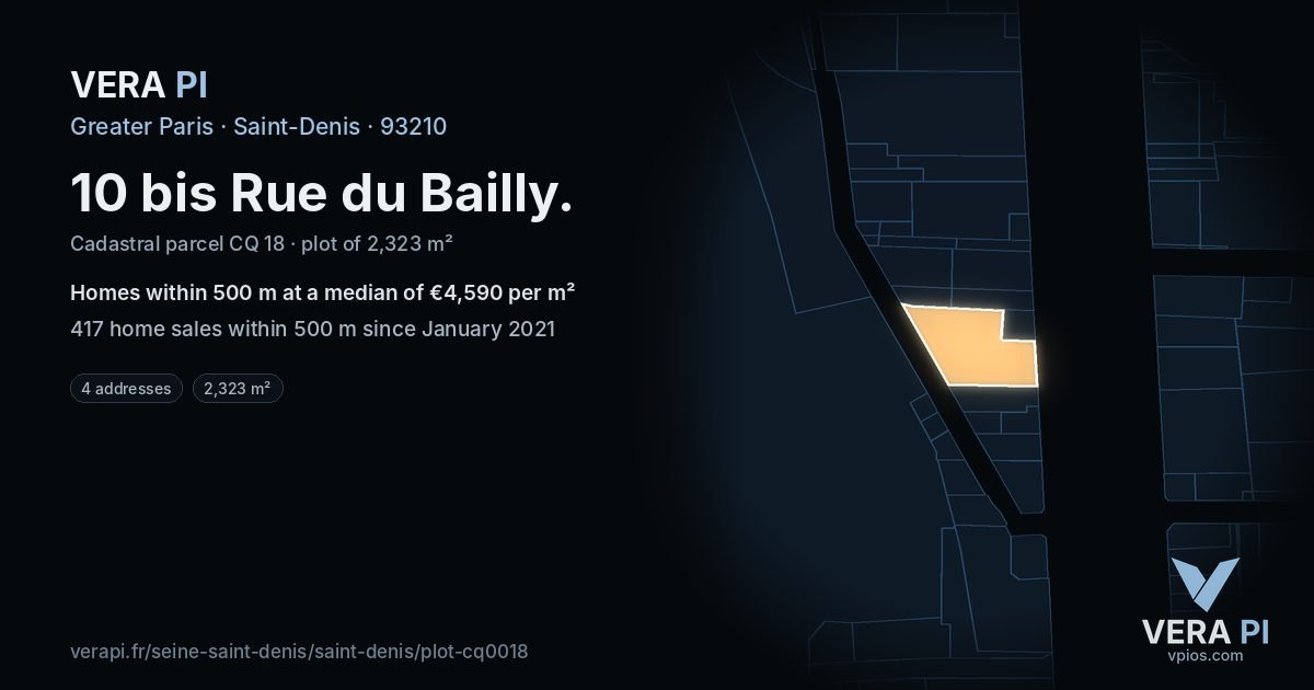 10 bis Rue du Bailly, Saint-Denis at night – the plot lit, the parcels around coloured by the prices near them