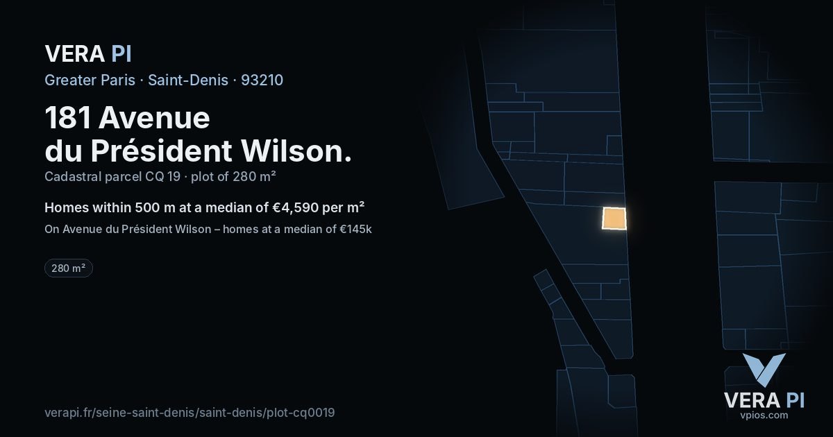 181 Avenue du Président Wilson, Saint-Denis at night – the plot lit, the parcels around coloured by the prices near them