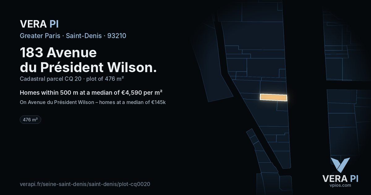 183 Avenue du Président Wilson, Saint-Denis at night – the plot lit, the parcels around coloured by the prices near them