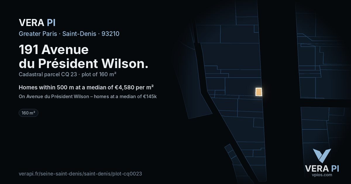 191 Avenue du Président Wilson, Saint-Denis at night – the plot lit, the parcels around coloured by the prices near them