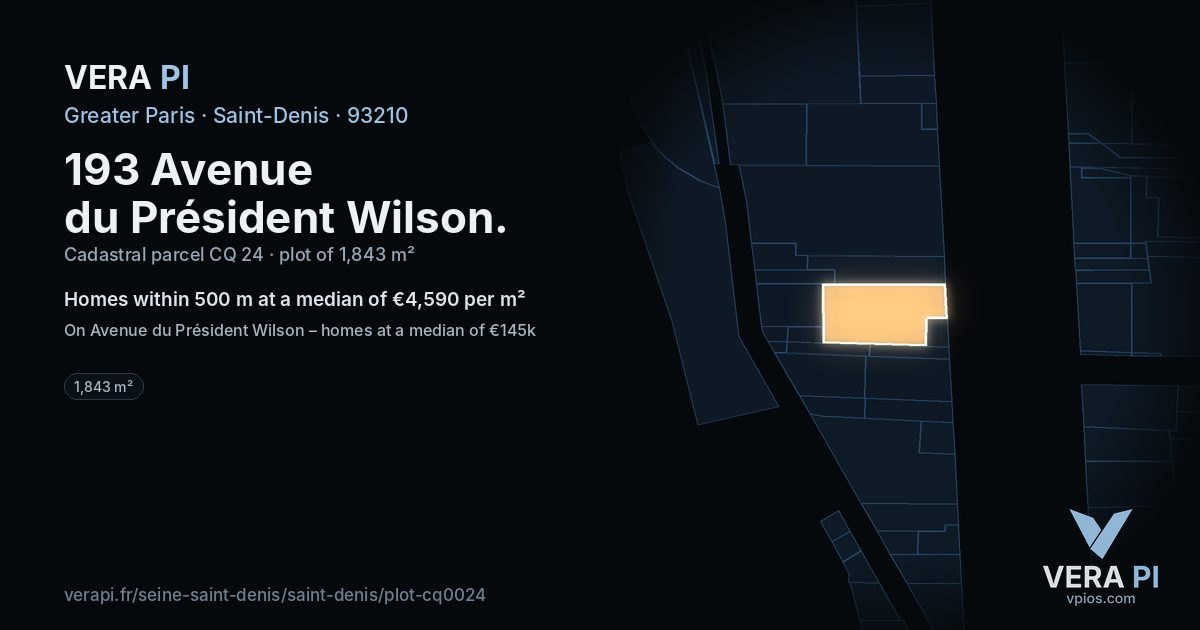 193 Avenue du Président Wilson, Saint-Denis at night – the plot lit, the parcels around coloured by the prices near them