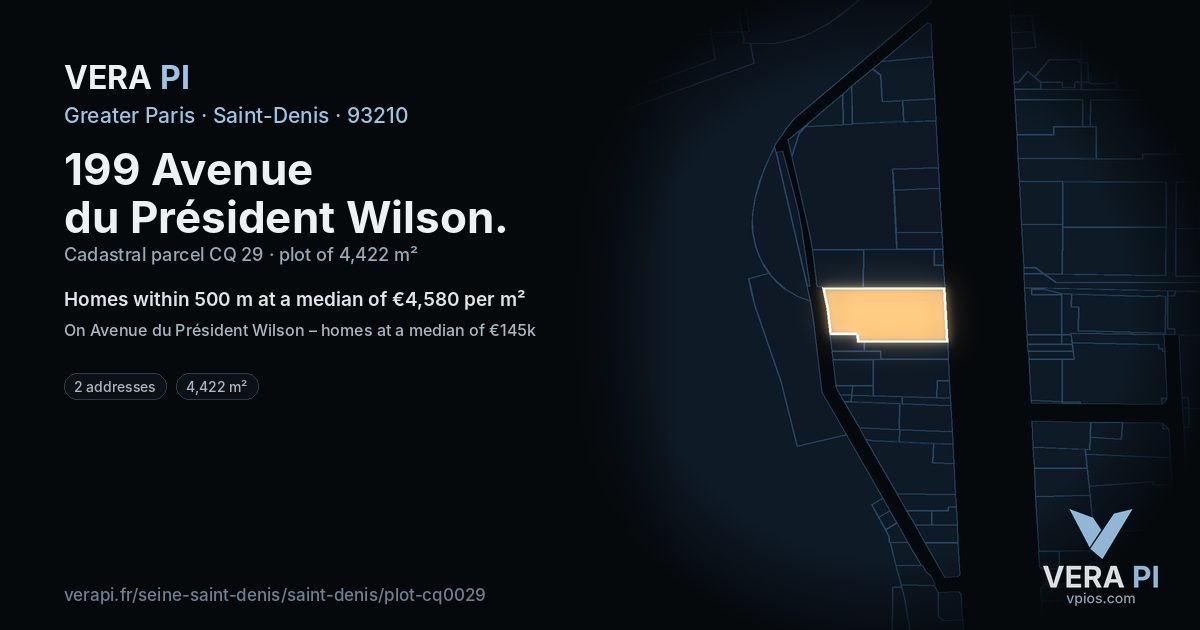 199 Avenue du Président Wilson, Saint-Denis at night – the plot lit, the parcels around coloured by the prices near them