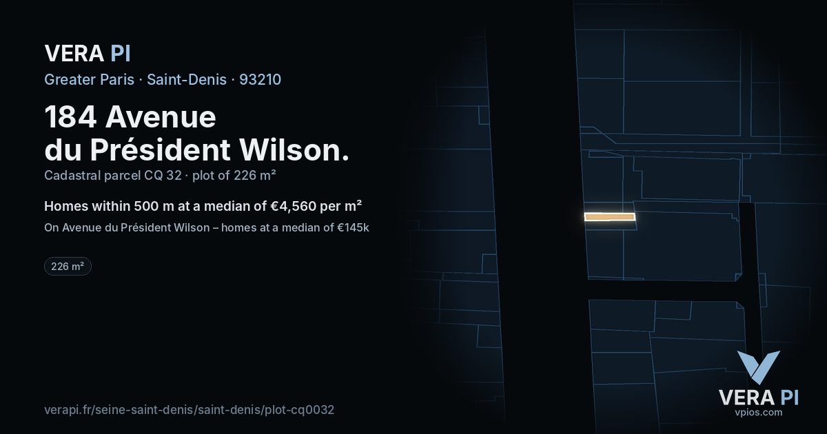 184 Avenue du Président Wilson, Saint-Denis at night – the plot lit, the parcels around coloured by the prices near them
