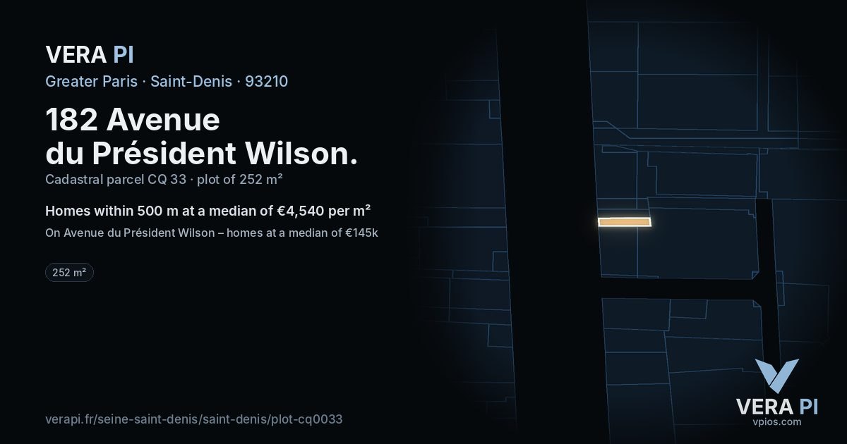 182 Avenue du Président Wilson, Saint-Denis at night – the plot lit, the parcels around coloured by the prices near them