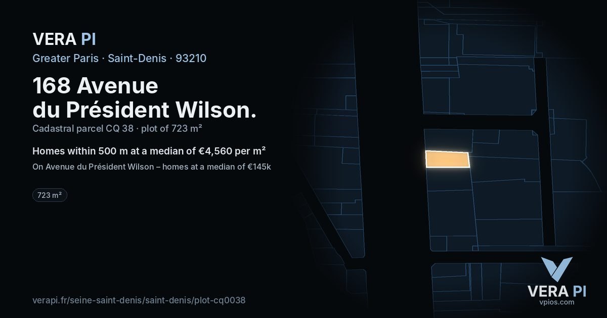 168 Avenue du Président Wilson, Saint-Denis at night – the plot lit, the parcels around coloured by the prices near them