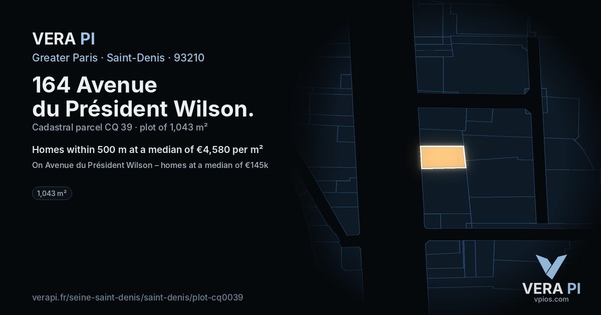 164 Avenue du Président Wilson, Saint-Denis at night – the plot lit, the parcels around coloured by the prices near them