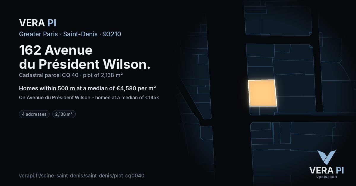 162 Avenue du Président Wilson, Saint-Denis at night – the plot lit, the parcels around coloured by the prices near them