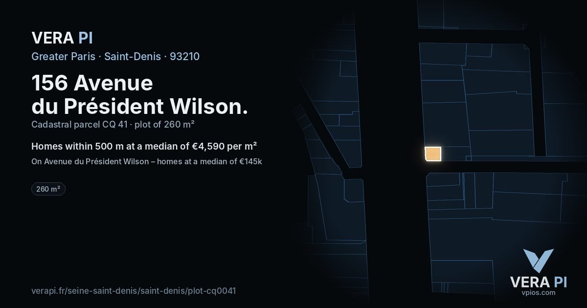 156 Avenue du Président Wilson, Saint-Denis at night – the plot lit, the parcels around coloured by the prices near them