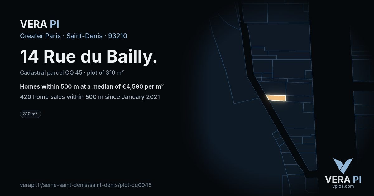14 Rue du Bailly, Saint-Denis at night – the plot lit, the parcels around coloured by the prices near them