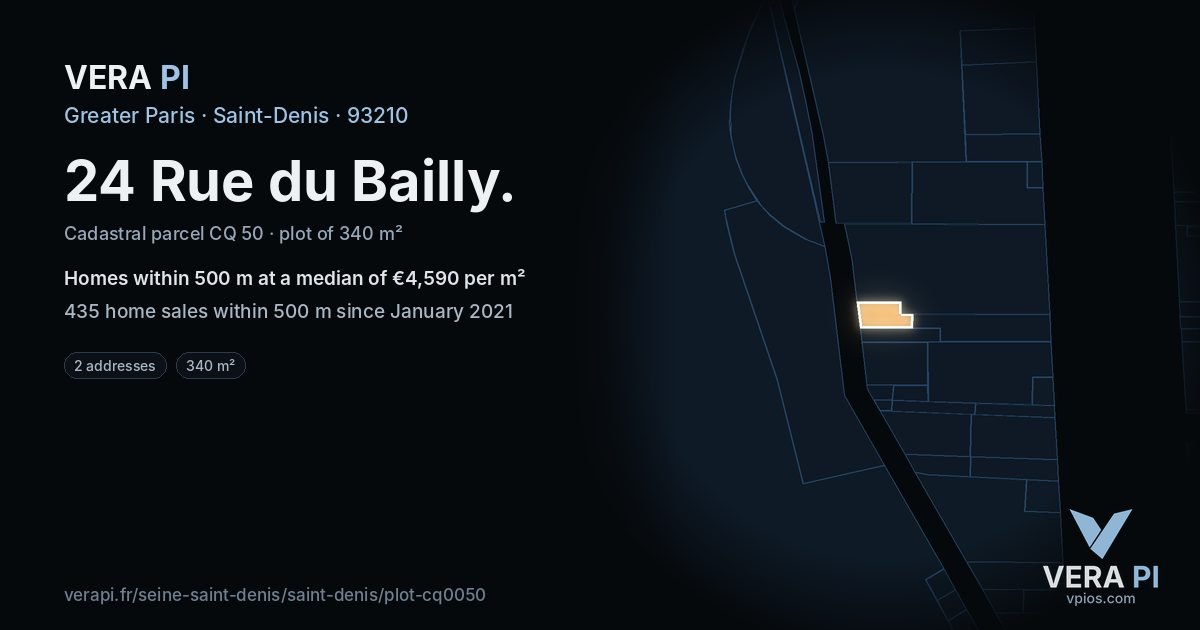 24 Rue du Bailly, Saint-Denis at night – the plot lit, the parcels around coloured by the prices near them