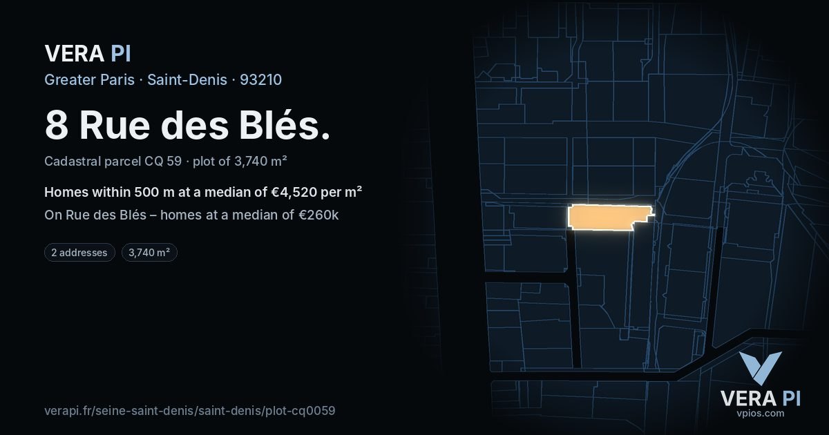 8 Rue des Blés, Saint-Denis at night – the plot lit, the parcels around coloured by the prices near them