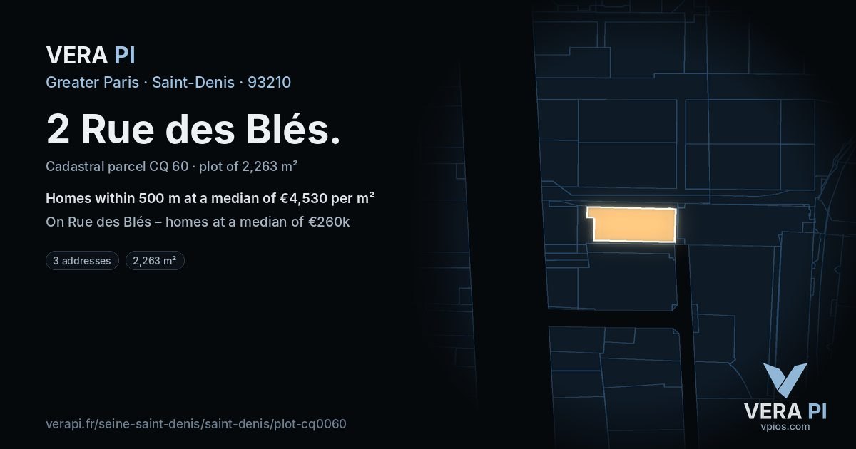 2 Rue des Blés, Saint-Denis at night – the plot lit, the parcels around coloured by the prices near them