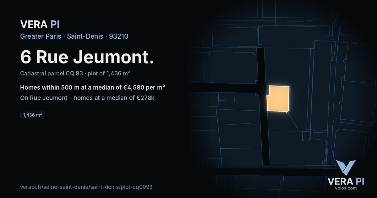 6 Rue Jeumont, Saint-Denis at night – the plot lit, the parcels around coloured by the prices near them