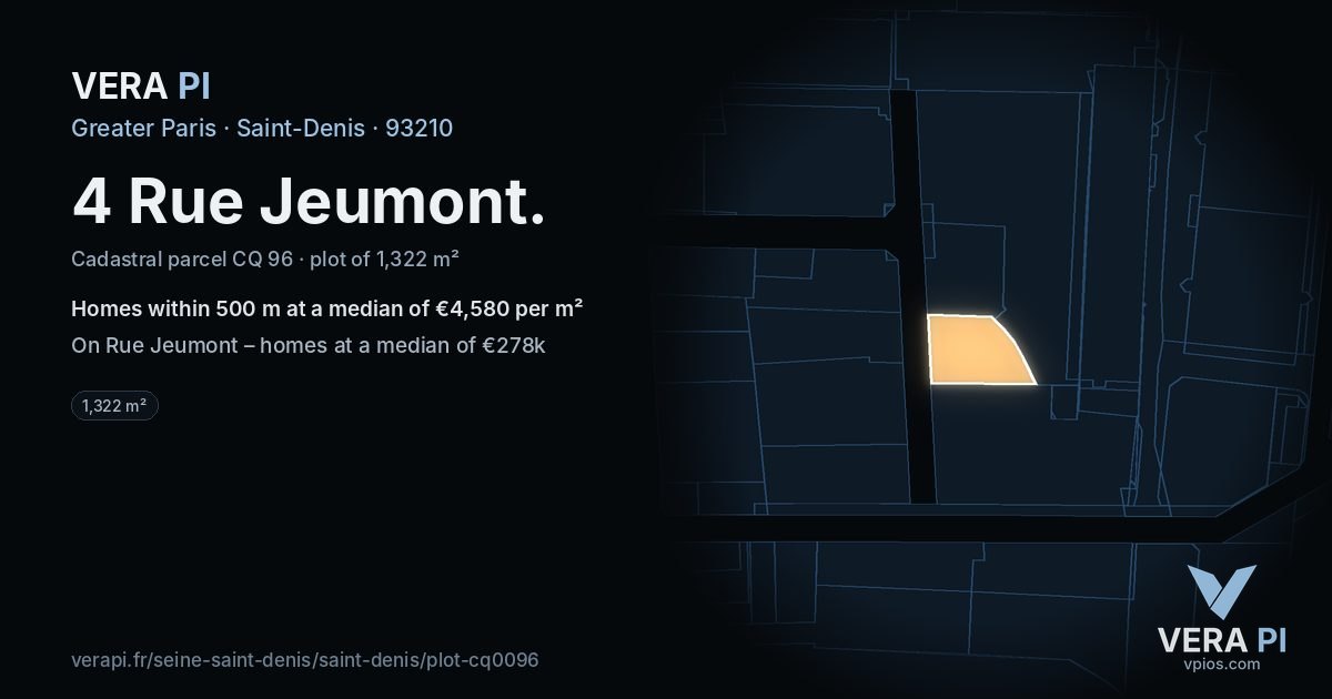 4 Rue Jeumont, Saint-Denis at night – the plot lit, the parcels around coloured by the prices near them