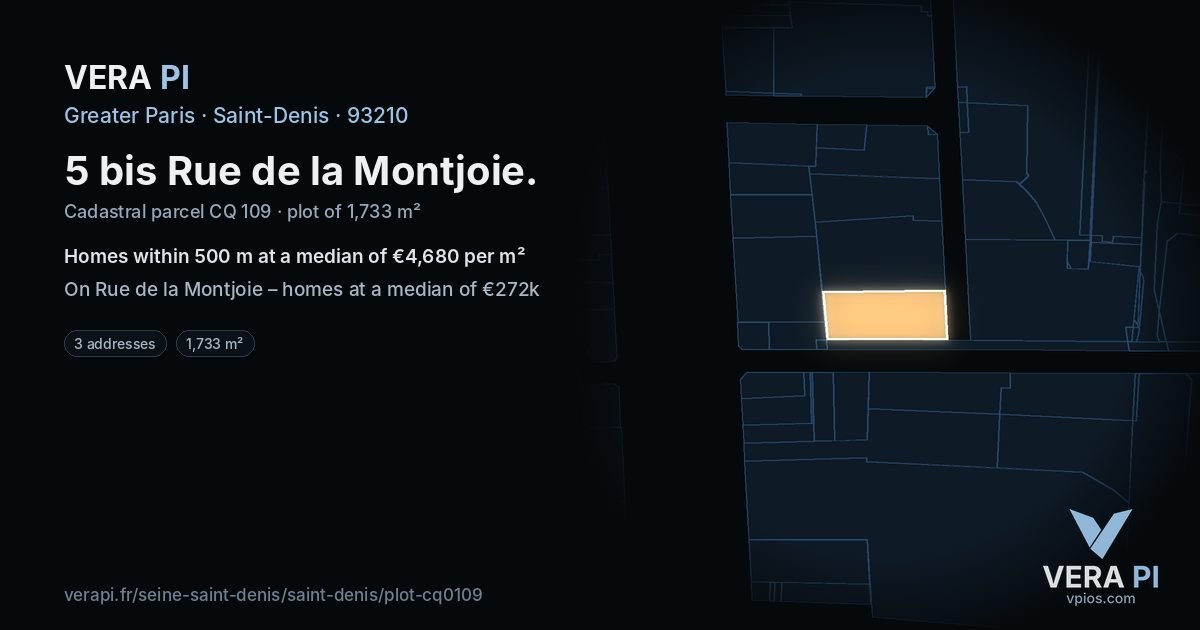 5 bis Rue de la Montjoie, Saint-Denis at night – the plot lit, the parcels around coloured by the prices near them