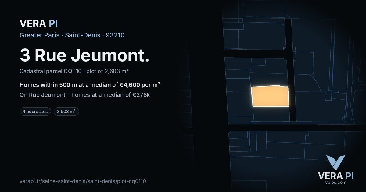 3 Rue Jeumont, Saint-Denis at night – the plot lit, the parcels around coloured by the prices near them