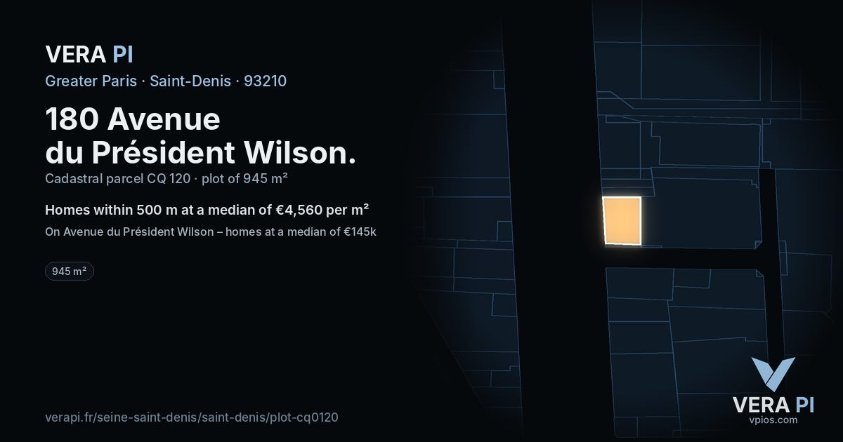180 Avenue du Président Wilson, Saint-Denis at night – the plot lit, the parcels around coloured by the prices near them