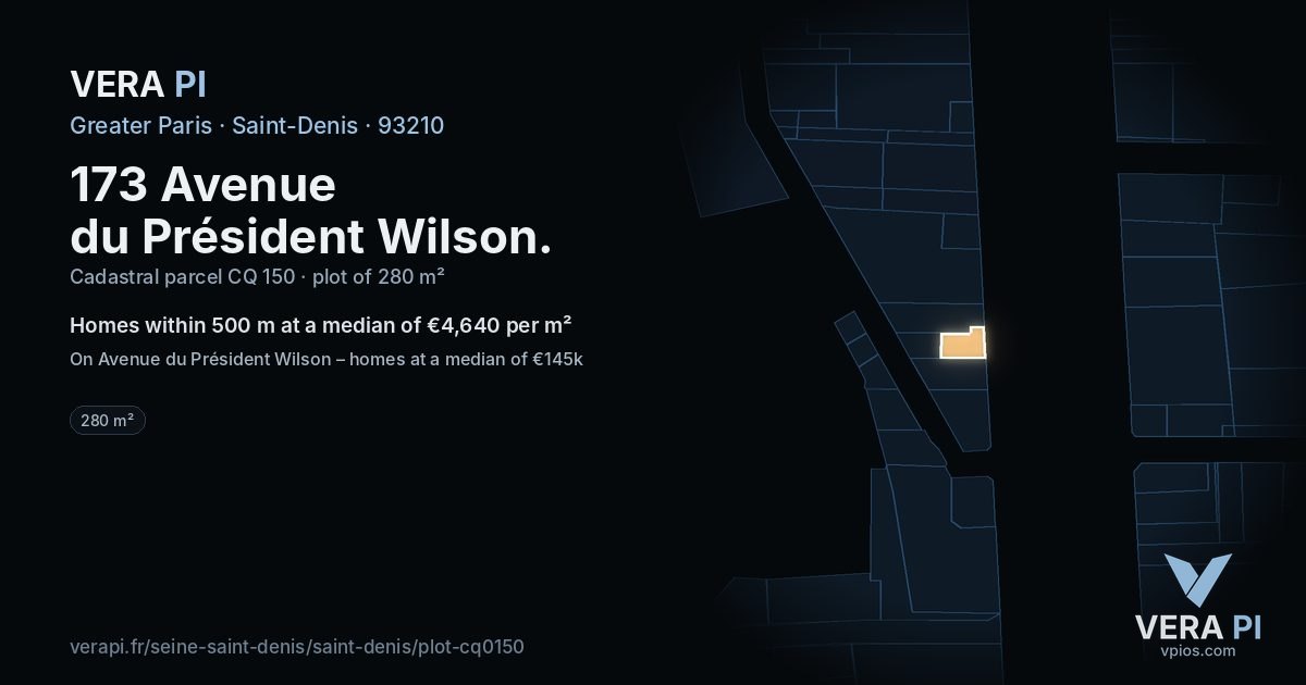 173 Avenue du Président Wilson, Saint-Denis at night – the plot lit, the parcels around coloured by the prices near them