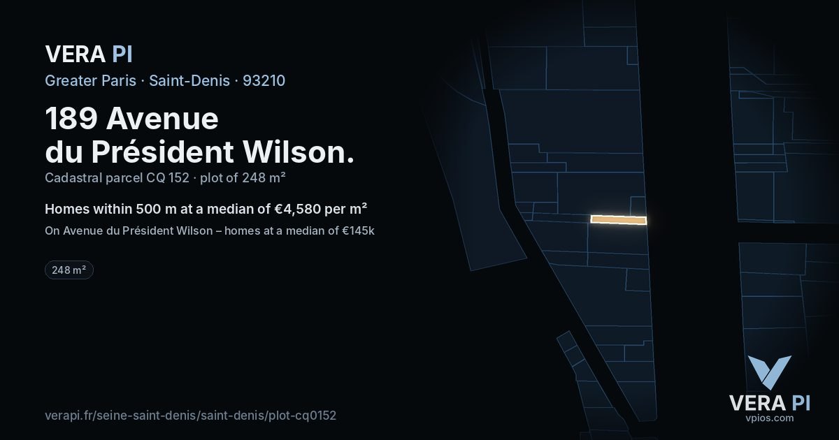 189 Avenue du Président Wilson, Saint-Denis at night – the plot lit, the parcels around coloured by the prices near them
