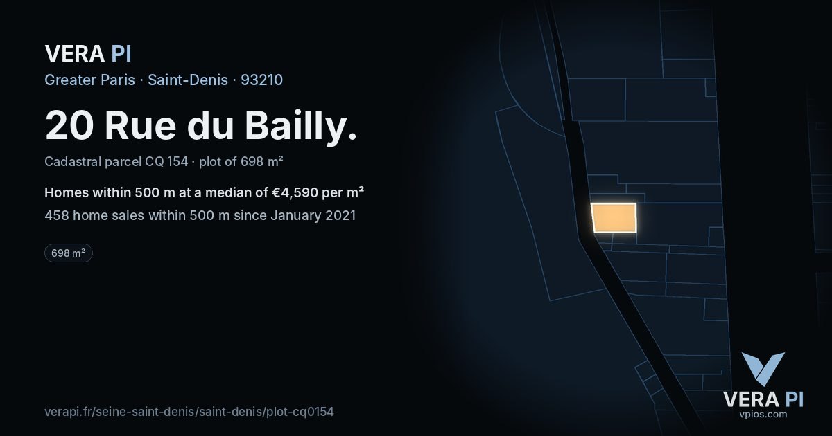 20 Rue du Bailly, Saint-Denis at night – the plot lit, the parcels around coloured by the prices near them