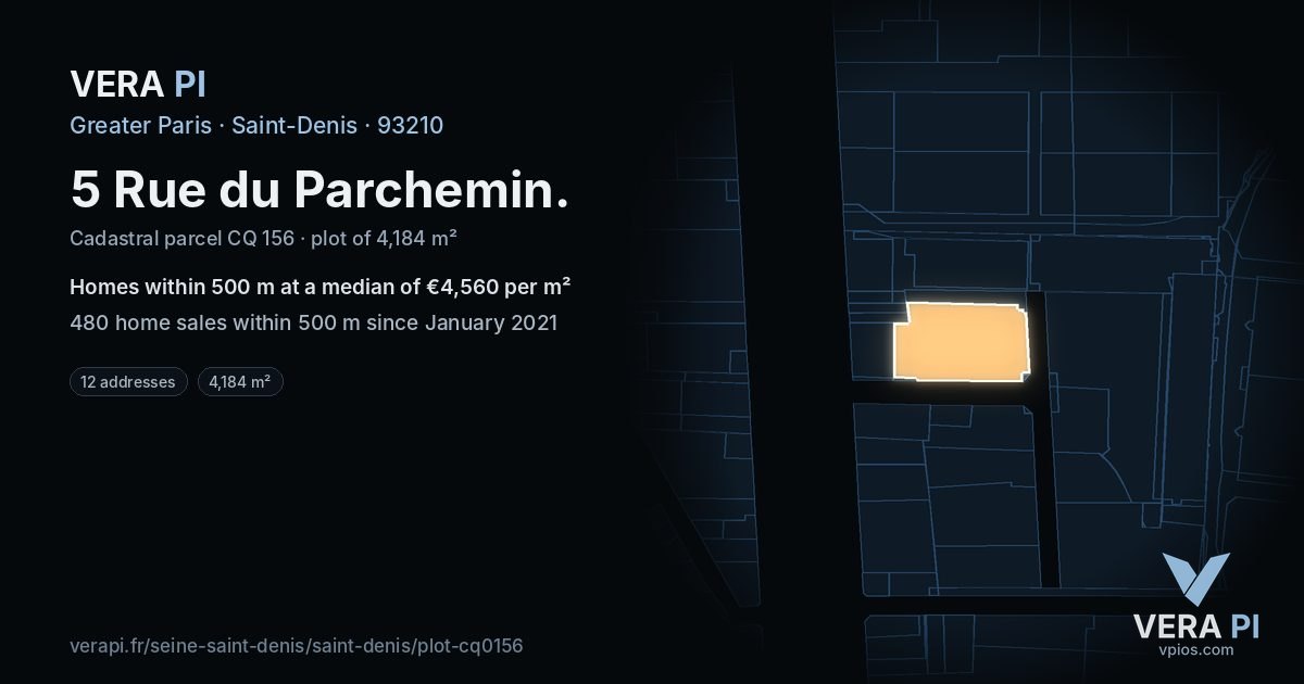 5 Rue du Parchemin, Saint-Denis at night – the plot lit, the parcels around coloured by the prices near them