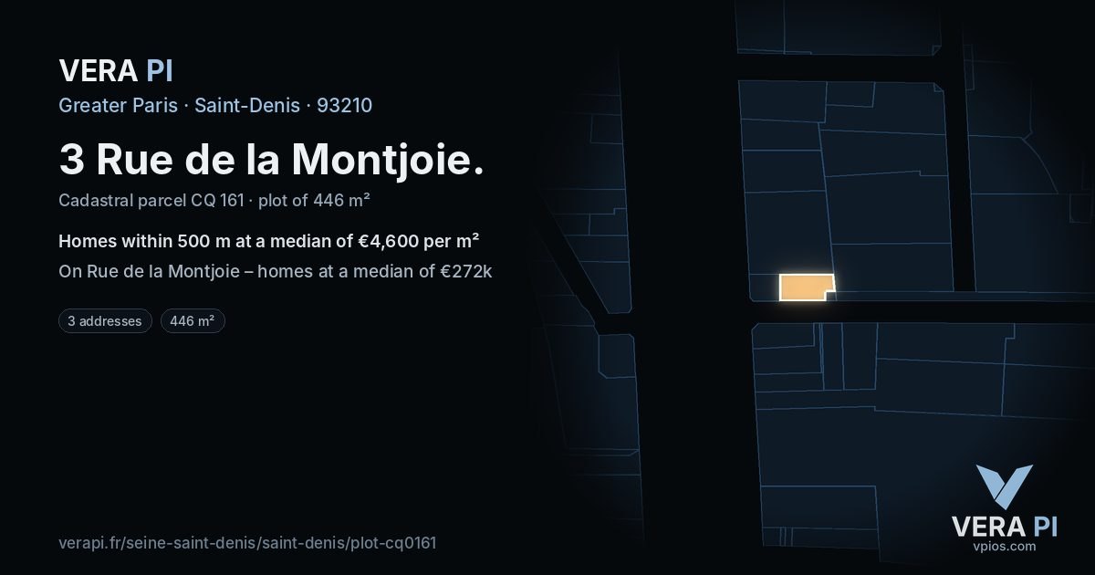 3 Rue de la Montjoie, Saint-Denis at night – the plot lit, the parcels around coloured by the prices near them