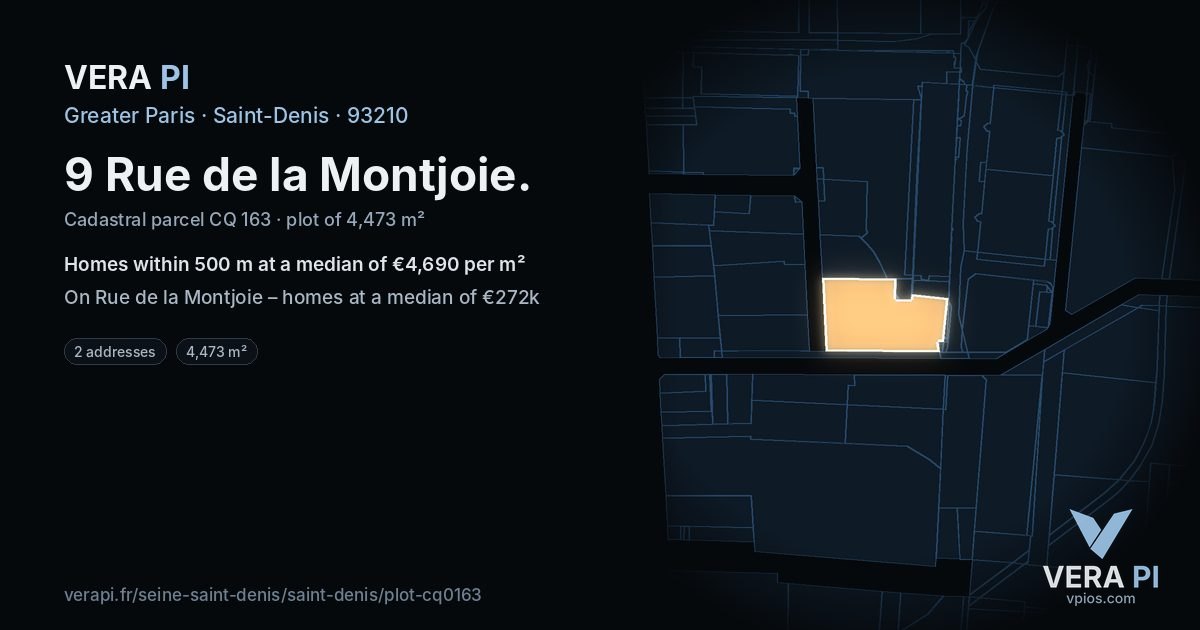 9 Rue de la Montjoie, Saint-Denis at night – the plot lit, the parcels around coloured by the prices near them