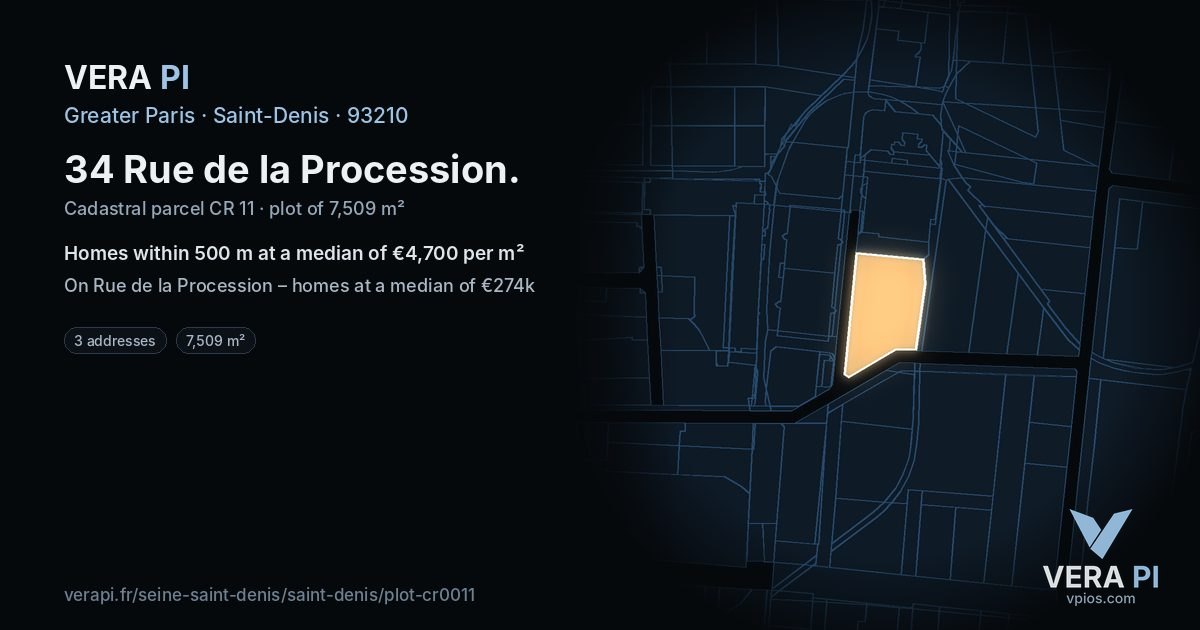 34 Rue de la Procession, Saint-Denis at night – the plot lit, the parcels around coloured by the prices near them
