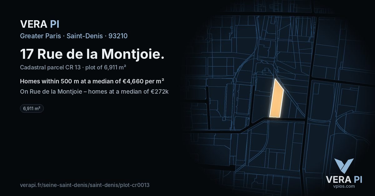 17 Rue de la Montjoie, Saint-Denis at night – the plot lit, the parcels around coloured by the prices near them
