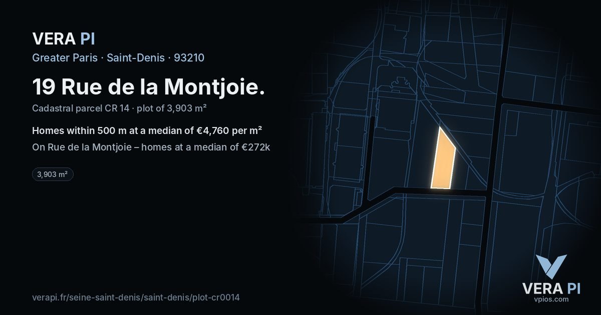 19 Rue de la Montjoie, Saint-Denis at night – the plot lit, the parcels around coloured by the prices near them