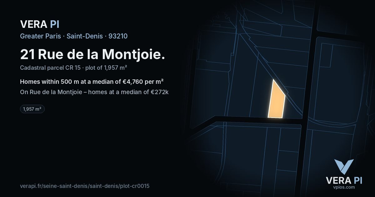 21 Rue de la Montjoie, Saint-Denis at night – the plot lit, the parcels around coloured by the prices near them