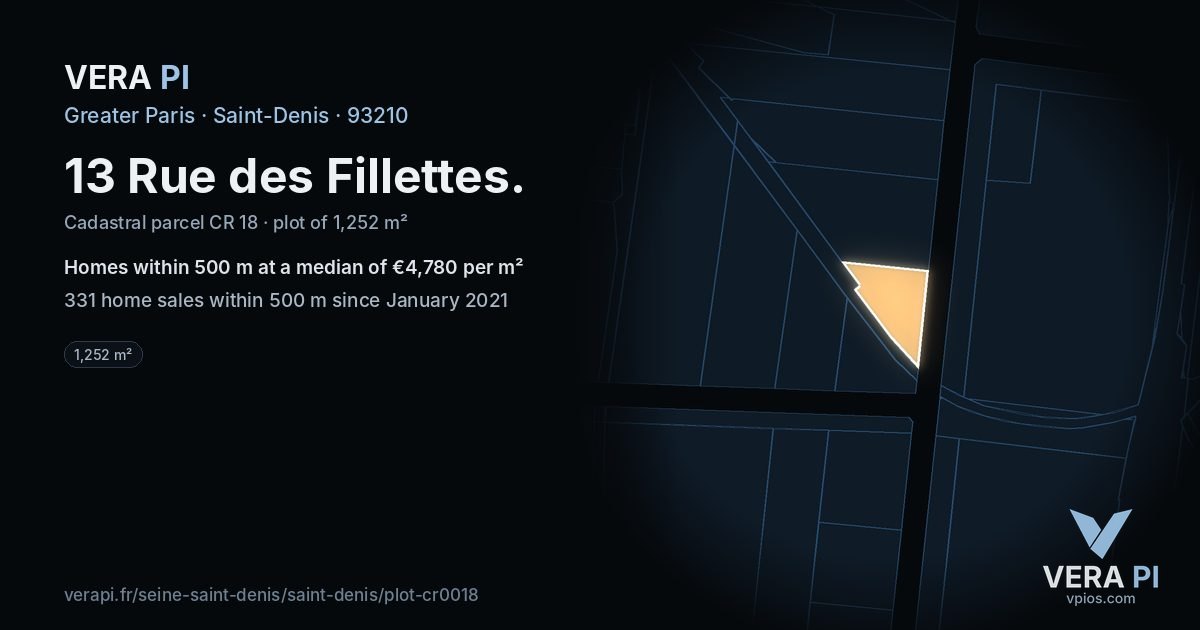 13 Rue des Fillettes, Saint-Denis at night – the plot lit, the parcels around coloured by the prices near them