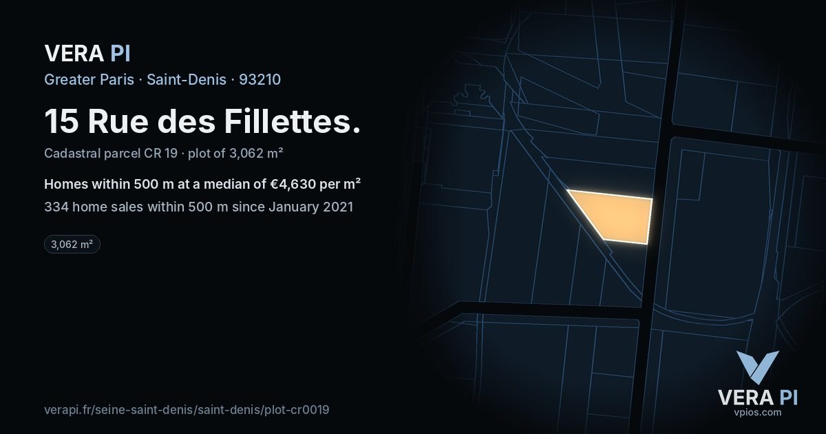 15 Rue des Fillettes, Saint-Denis at night – the plot lit, the parcels around coloured by the prices near them