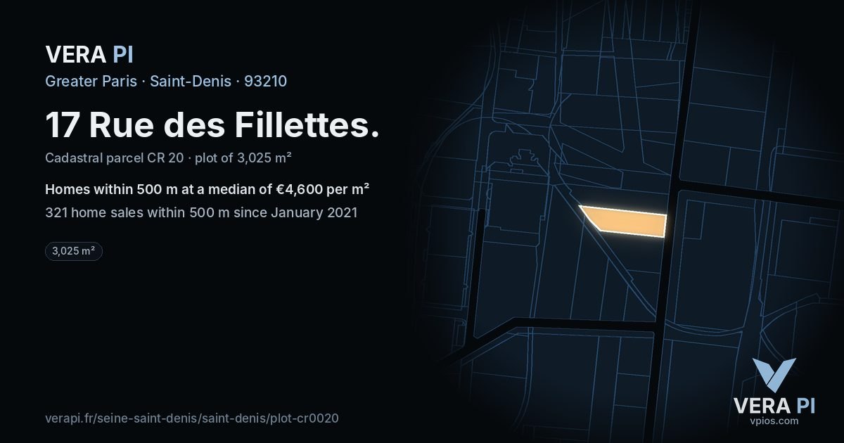 17 Rue des Fillettes, Saint-Denis at night – the plot lit, the parcels around coloured by the prices near them