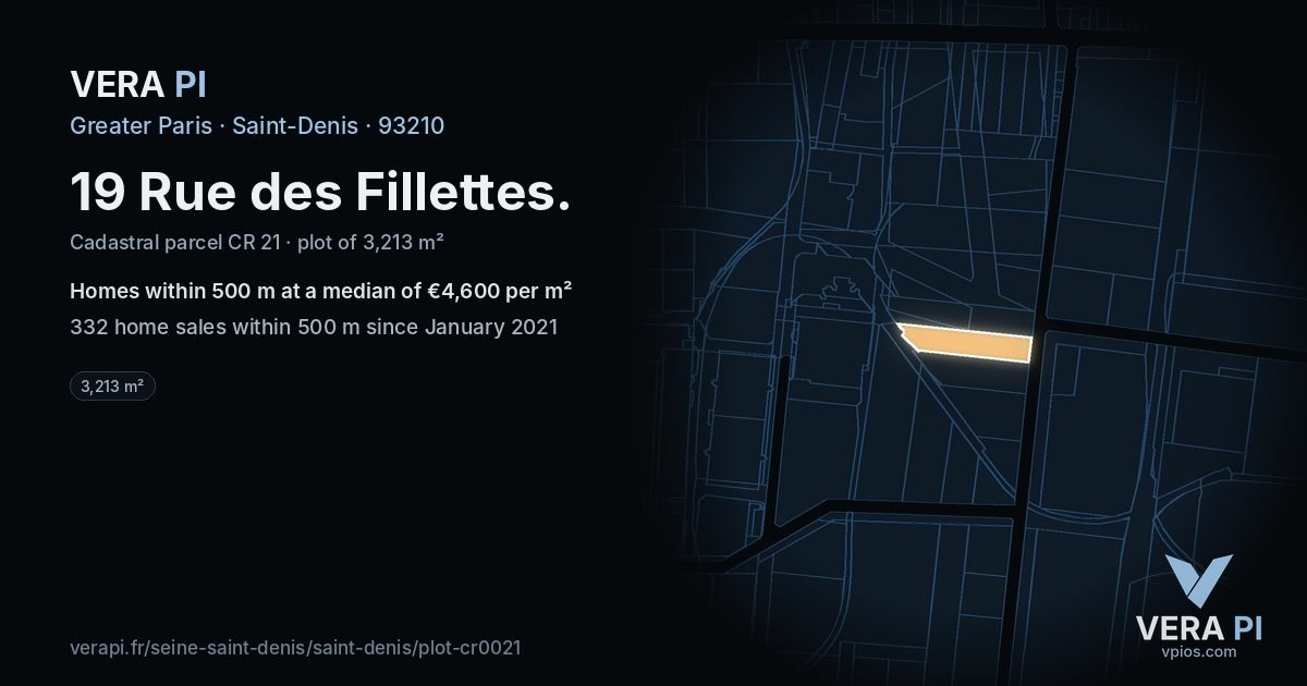 19 Rue des Fillettes, Saint-Denis at night – the plot lit, the parcels around coloured by the prices near them