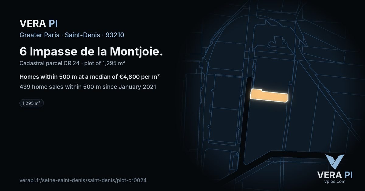6 Impasse de la Montjoie, Saint-Denis at night – the plot lit, the parcels around coloured by the prices near them