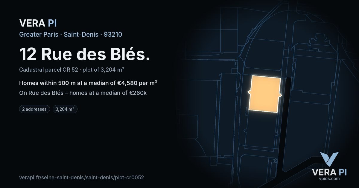 12 Rue des Blés, Saint-Denis at night – the plot lit, the parcels around coloured by the prices near them