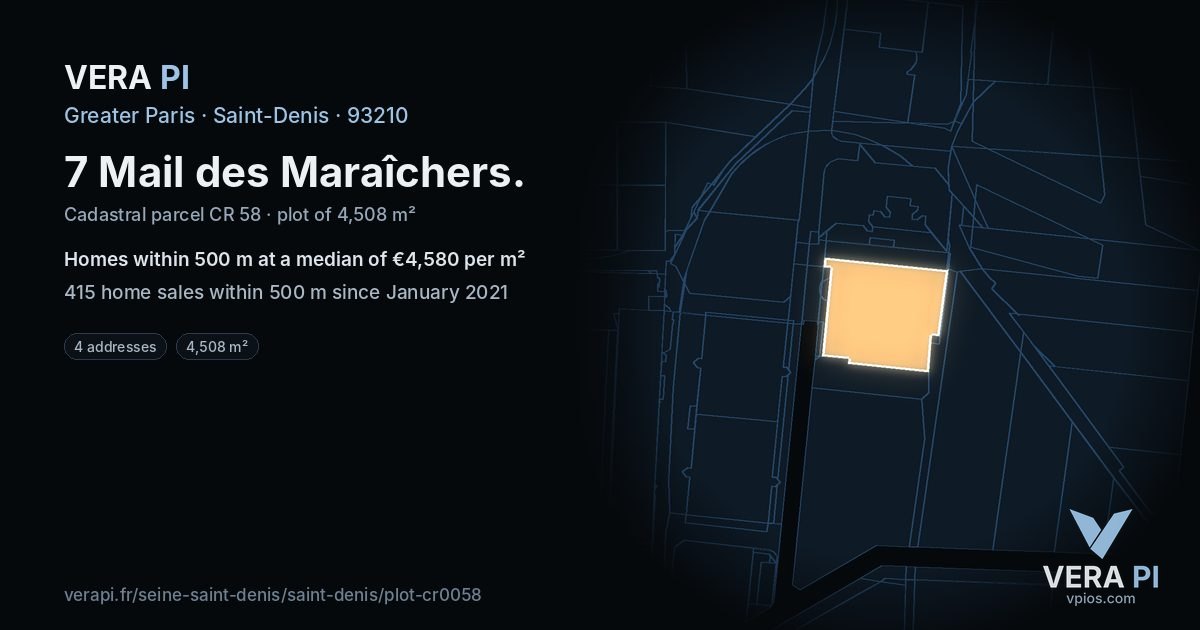 7 Mail des Maraîchers, Saint-Denis at night – the plot lit, the parcels around coloured by the prices near them