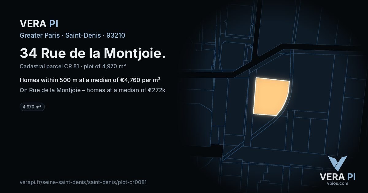 34 Rue de la Montjoie, Saint-Denis at night – the plot lit, the parcels around coloured by the prices near them