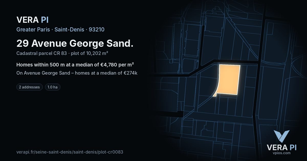 29 Avenue George Sand, Saint-Denis at night – the plot lit, the parcels around coloured by the prices near them