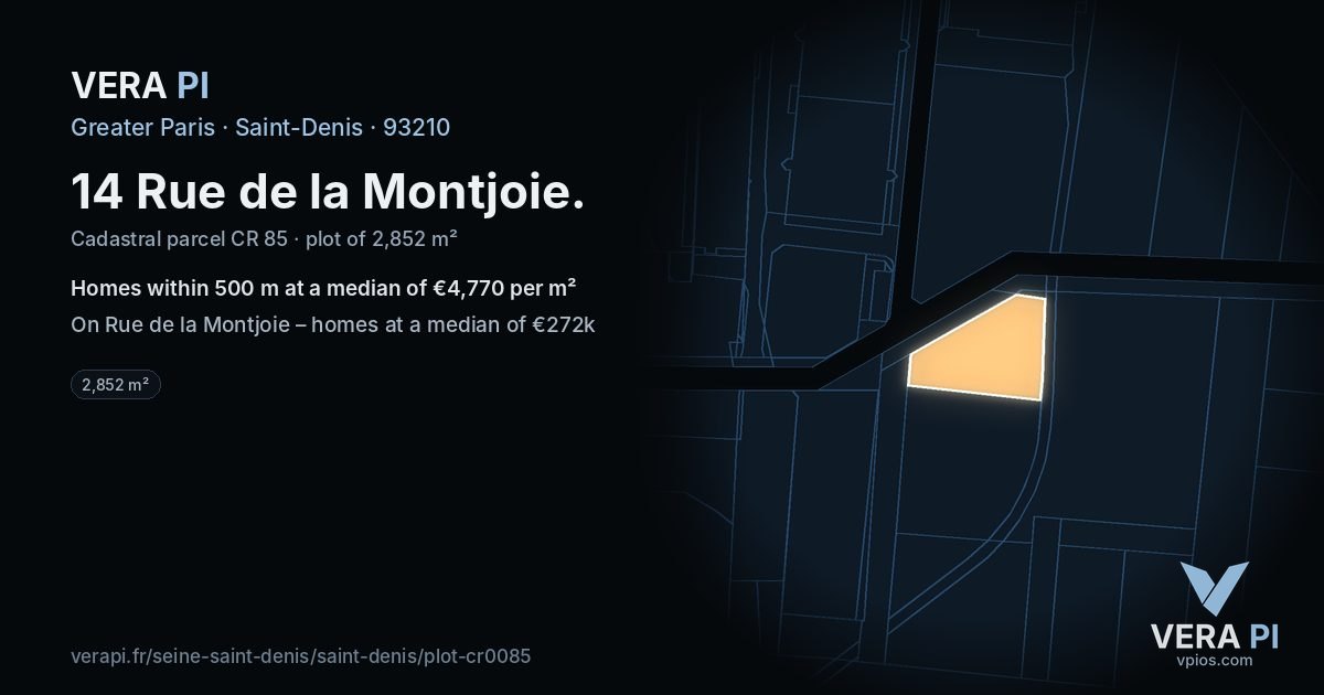 14 Rue de la Montjoie, Saint-Denis at night – the plot lit, the parcels around coloured by the prices near them