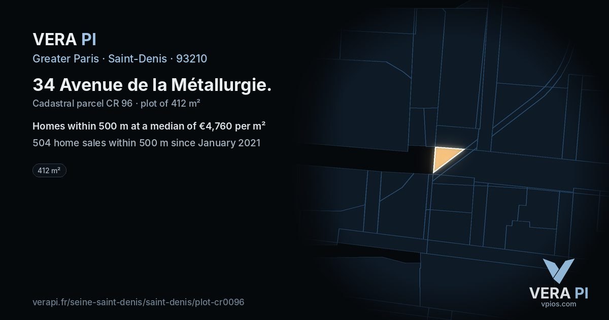 34 Avenue de la Métallurgie, Saint-Denis at night – the plot lit, the parcels around coloured by the prices near them