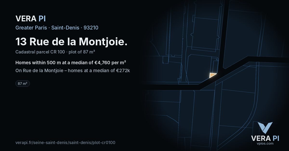 13 Rue de la Montjoie, Saint-Denis at night – the plot lit, the parcels around coloured by the prices near them