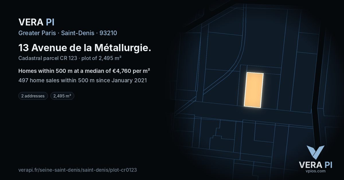 13 Avenue de la Métallurgie, Saint-Denis at night – the plot lit, the parcels around coloured by the prices near them