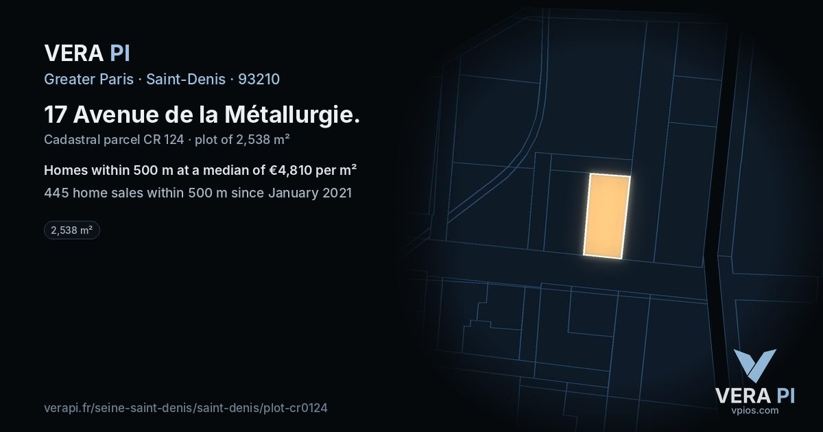 17 Avenue de la Métallurgie, Saint-Denis at night – the plot lit, the parcels around coloured by the prices near them
