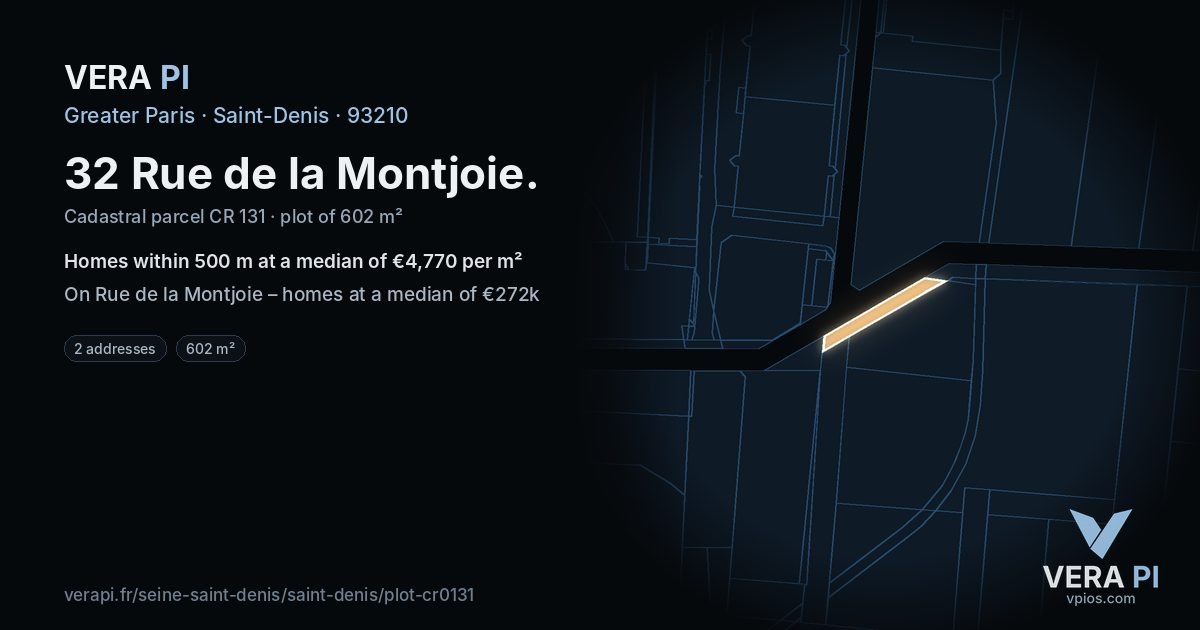 32 Rue de la Montjoie, Saint-Denis at night – the plot lit, the parcels around coloured by the prices near them
