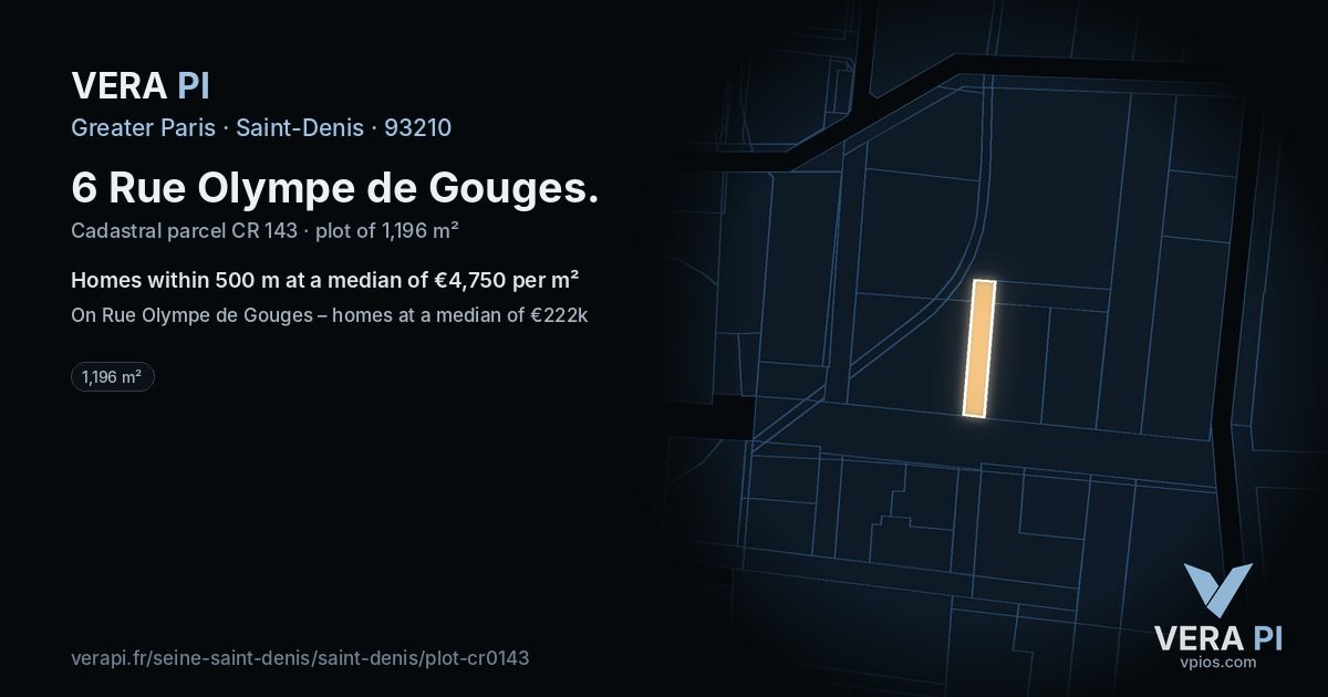 6 Rue Olympe de Gouges, Saint-Denis at night – the plot lit, the parcels around coloured by the prices near them