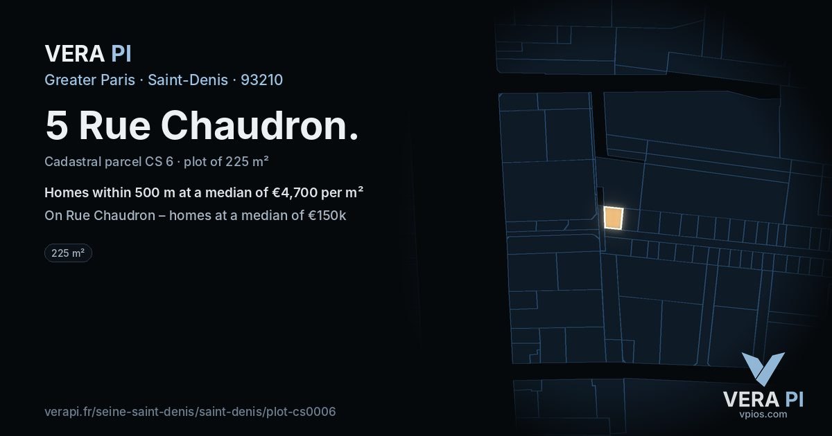 5 Rue Chaudron, Saint-Denis at night – the plot lit, the parcels around coloured by the prices near them